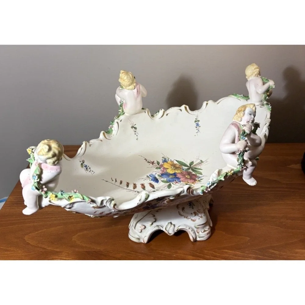 Vintage Capodimonte Italy Cherub Centerpiece Bowl Hand Painted Signed 20x10x9